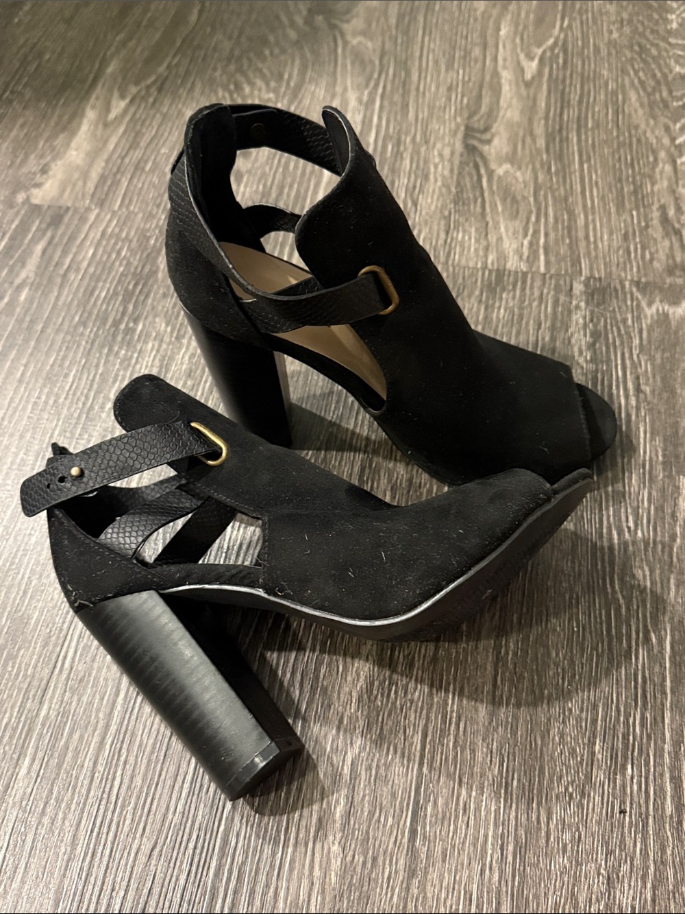 Shoe Dazzle Black Suede Open-Toe Block Heel Sandals